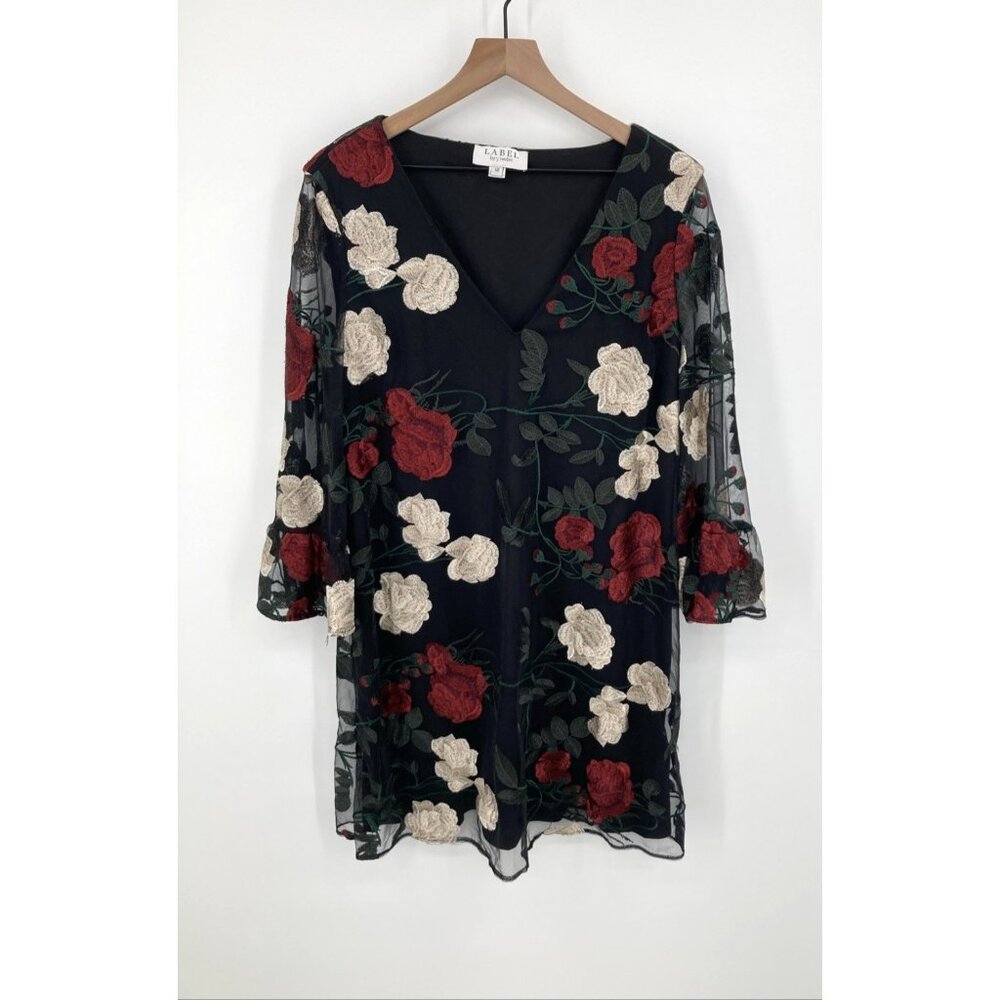 Label by 5 twelve Black Floral Embroidered Dress Size 12 Stretch Mesh Bell Sleev
